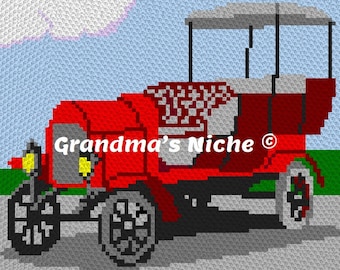May include: A red vintage car with a white canopy and the words "Summer Days" printed on the side. The car has black wheels and a yellow headlight.