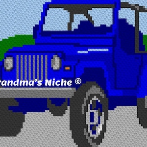 May include: A pixelated blue Jeep with gray wheels and a gray front bumper. The Jeep is set against a backdrop of green grass and a light blue sky. The text "Grandma's Niche" is visible on the front of the vehicle.