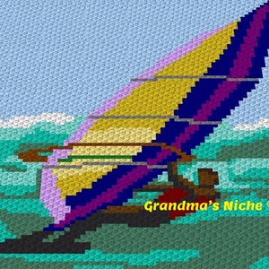 May include: A crochet pattern of a person windsurfing on a blue and green ocean. The sail is yellow, purple, and pink. The pattern includes the text "Grandma's Niche ©".
