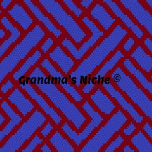 May include: A fabric swatch featuring a repeating geometric pattern of interlocking blue rectangular shapes set against a deep red background. The text Grandma's Niche is printed in black across the center of the patterned textile surface.