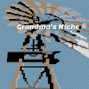 May include: A crochet pattern of a windmill with a blue background. The pattern includes the text "Grandma's Niche®".