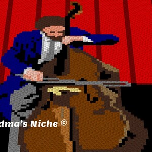 May include: A pixelated image of a musician playing a double bass. The musician is wearing a blue jacket and white shirt. The background features a red curtain and the text "Grandma's Niche ©".