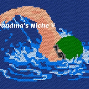May include: A pixelated image of a swimmer doing a freestyle stroke in blue water with a green swim cap. The text "Grandma's Niche®" is in the upper left corner of the image.