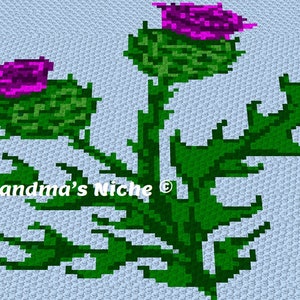 Może przedstawiać: Wzór na szydełku przedstawiający zieloną roślinę ostu z dwoma fioletowymi kwiatami. Wzór nazywa się "Grandma's Niche".