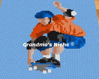 May include: A crochet pattern of a person skateboarding. The person is wearing a blue helmet, orange shirt, blue pants, and black shoes. The skateboard is blue and gray. The background is blue.