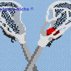 Könnte beinhalten: Zwei weiße Lacrosse-Schläger mit schwarzem Netz, die sich auf einem hellblauen Hintergrund kreuzen. Ein roter Ball befindet sich in der Mitte der Schläger.