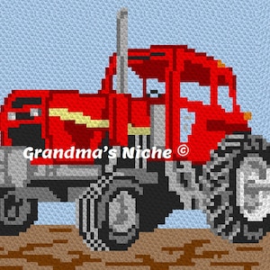 May include: A red toy tractor with black wheels and a gray chassis. The tractor is on a brown surface. The text "Grandma's Niche ©" is on the side of the tractor.