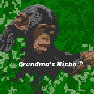 May include: A pixelated image of a chimpanzee in a green jungle setting. The chimpanzee is looking to the right and has a black and grey fur pattern. The image is labelled "Grandma's Niche".