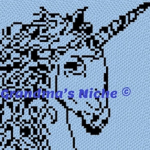 May include: A light blue crochet blanket featuring a black pixelated unicorn design with a long horn and flowing mane. The text "Grandma's Niche ©" is printed in blue across the center of the unicorn's neck area on the textured fabric surface.