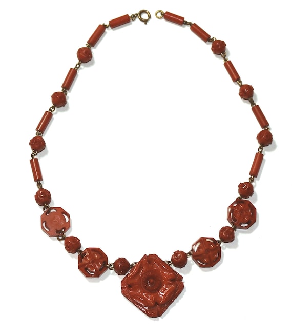 Vintage Faux Bakelite Carved Red Necklace - image 4