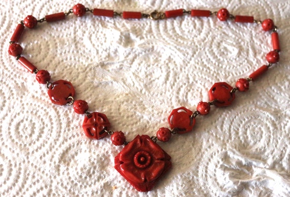 Vintage Faux Bakelite Carved Red Necklace - image 1