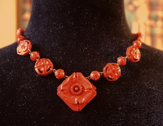 Vintage Faux Bakelite Carved Red Necklace - image 2