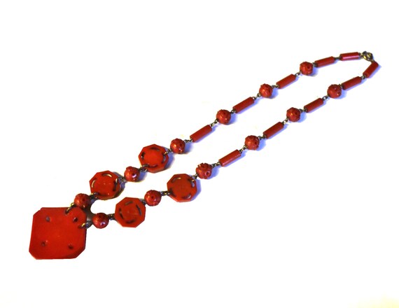 Vintage Faux Bakelite Carved Red Necklace - image 5