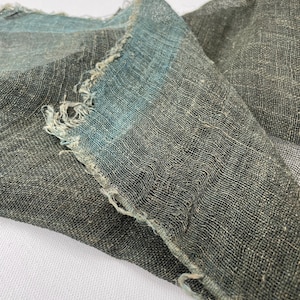 May include: Close-up of a piece of fabric with a frayed edge. The fabric is a dark gray color with a blue-green stripe along the edge. The fabric appears to be loosely woven, with a textured surface.