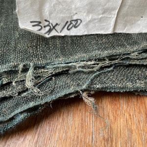 May include: Close-up of a folded, textured fabric in shades of teal and gray. The fabric has frayed edges and a handwritten note that reads "33 x 100". The fabric is resting on a wooden surface.