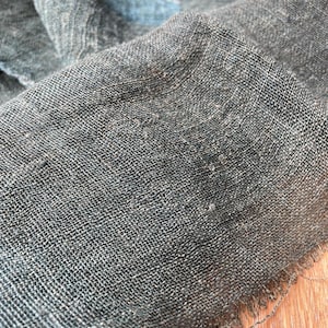 May include: Close-up of a textured, dark gray fabric with a woven pattern. The fabric has a slightly frayed edge and appears to be a natural fiber. Hints of blue are visible in the folds of the material.