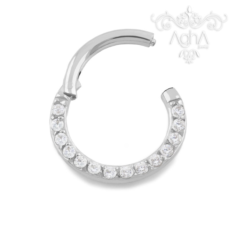 Cartilage Ring Daith Piercings Implant Grade Titanium 18g and 16g Hinged Hoop with Front FACING Cubic ZirconiaHinged Hoop Septum Ring