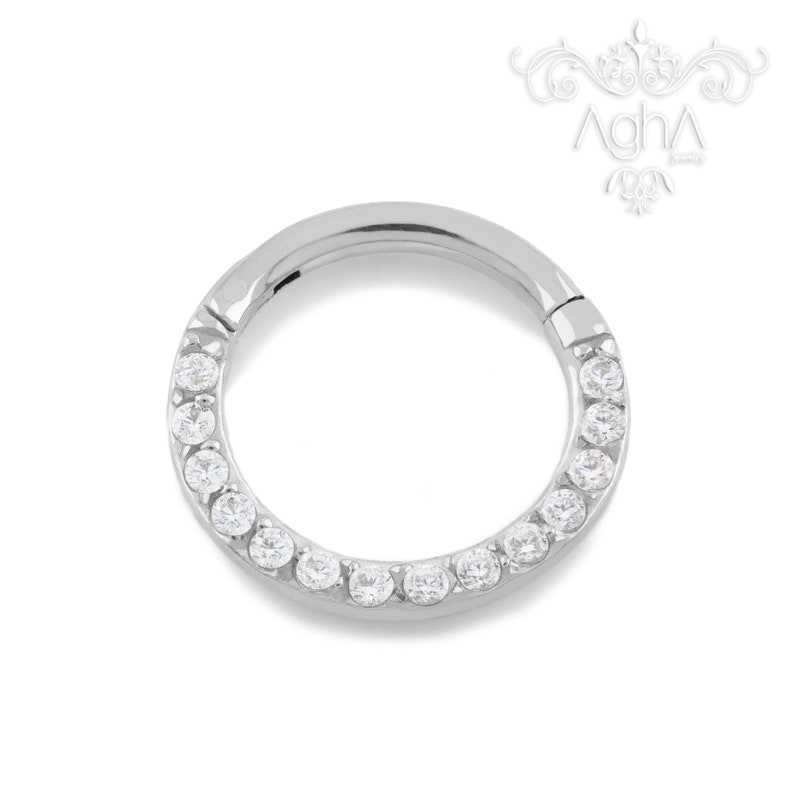 Cartilage Ring Daith Piercings Implant Grade Titanium 18g and 16g Hinged Hoop with Front FACING Cubic ZirconiaHinged Hoop Septum Ring