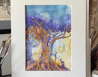 The Ruins, Twisted trees with cats and building ruins in background, Watercolor