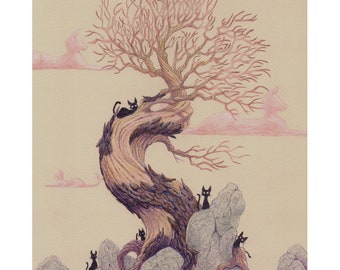 The Guardians, Print limited to 20, Cats around a twisted tree, Artist: Ray VanTilburg