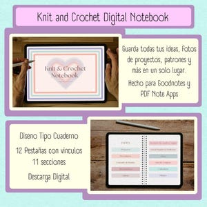 May include: A digital notebook for knitters and crocheters. The cover features a heart with the words "Knit & Crochet Notebook". The notebook is designed for use with Goodnotes and PDF Note Apps. It has 12 tabs with links to 11 sections.