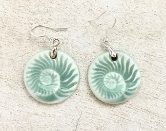 Porcelain ceramic ammonite -fossil earrings -nautical -beach themed -jewellery
