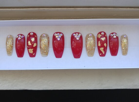 Red And Gold Nails Etsy