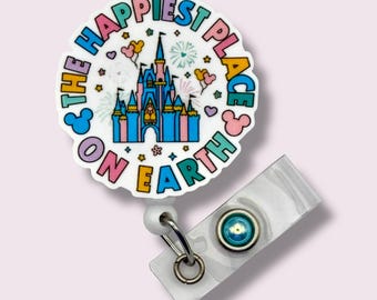 The Happiest Place On Earth Badge Reel, Castle Retractable Badge Reel, Badge Holder, Swivel Clip, Belt Clip, MRI Safe, Lanyard