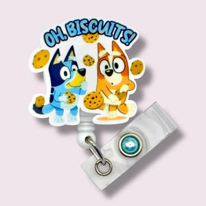 Oh Biscuits! Funny Blue Dog Badge Reel, Retractable Badge Reel, Badge Holder, Swivel Clip, Belt Clip, MRI Safe, Lanyard, Children's TV Show