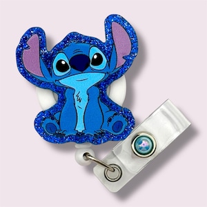 Stitch Badge Reel, Retractable Badge Reel, Badge Holder, Swivel Clip, Belt Clip, MRI Safe, Lanyard, Blue Alien, 626, Blue Glitter