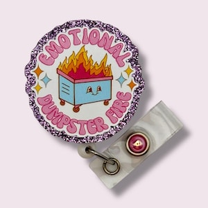 Emotional Dumpster Fire Meme-badgehaspel, grappige intrekbare badgehaspel, badgehouder, draaiclip, riemclip, MRI-kluis, draagkoord, glitter