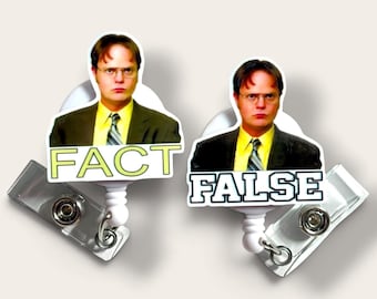 Porta badge di The Office, Dwight Schrute, porta badge divertente con scritta "Vero/Falso", clip girevole, clip da cintura