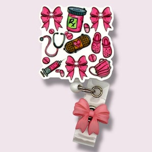 Pink Krankenschwester Ausweis Reel, Girly Coquette einziehbare Badge Reel, Ausweishalter, Drehclip, Gürtelclip, MRI sicher, Lanyard, RN, Chirurgisch, MD, Bogen