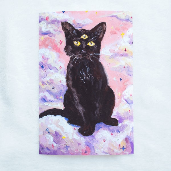 Druck - My Familiar | 4x6 Matte Ölgemälde Katzendruck | Wandkunst & Wohndekor | Süße Hexe Halloween Kunstdruck | Schwarze Katze | Tierkunst