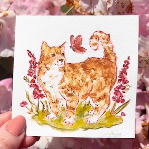 A Cat&#39;s New Friend | 4x4 Mini Original Watercolour Painting | Cute Cottagecore Wall Art and Home Decor | Gifts for Cat Lovers