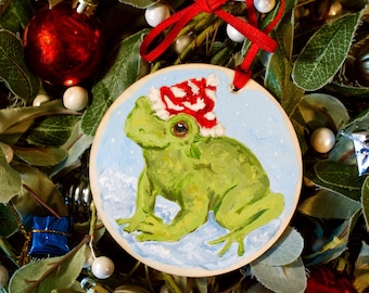 Hand-Painted Cottagecore Wooden Christmas Ornament- Santa Frog | 4x4 Wooden Ornament Acrylic Painting | Handmade Christmas Gift Art Decor