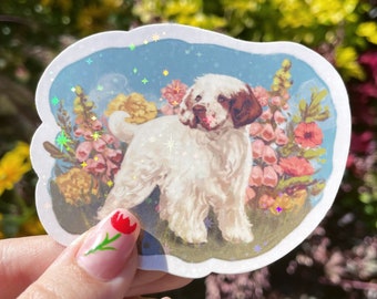 Cute Clumber Spaniel Holographic Sticker | 3.5" Vinyl Sparkly Holographic Sticker | Waterproof Laptop Decal | Great Gift for Dog Lovers