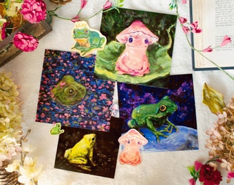 Cottagecore Frog Art Bundle | Set of Six | Art Prints and Water Resistant Stickers | Cottage Christmas Gift | Aesthetic Wall Art and Decor