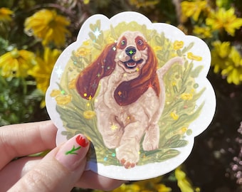 Happy Basset Hound Holographic Sticker | 3.5" Vinyl Sparkly Holographic Sticker | Waterproof Laptop Decal | Great Gift for Dog Lovers