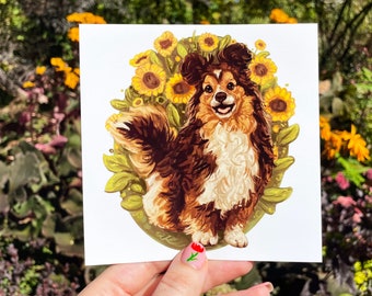 Sunflower Shetland Sheepdog Art Print | 5x5 Digital Painting Print on Archival Paper | Cute Dog Wall Art and Home Decor| Gifts for Dog Lover