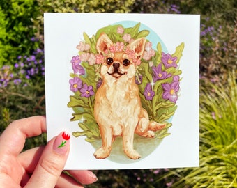 Floral Chihuahua Dog Art Print | 5x5 Digital Painting Print on Archival Paper | Cute Dog Wall Art and Home Decor| Great Gifts for Dog Lovers