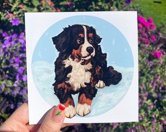 Snowy Bernese Mountain Dog Art Print | 5x5 Digital Painting Print on Archival Paper | Cute Dog Wall Art and Home Decor| Gifts for Dog Lover