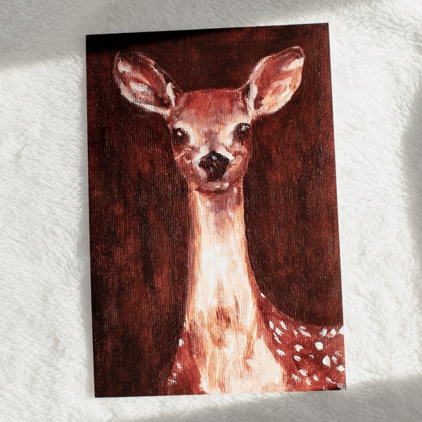 Cottagecore Art Print Deer | 4x6 Oil Painting Art Print | Rustic Cottage Decor | Cute Animal Art | Wall Decor for Home