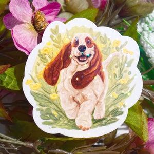 Happy Basset Hound Holographic Sticker 3.5 Vinyl Sparkly Holographic Sticker Waterproof Laptop Decal Great Gift for Dog Lovers image 2