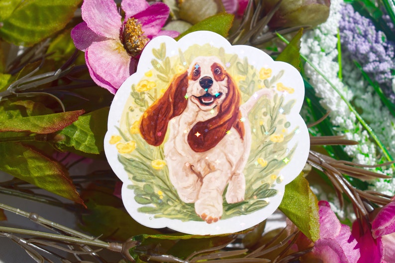 Happy Basset Hound Holographic Sticker 3.5 Vinyl Sparkly Holographic Sticker Waterproof Laptop Decal Great Gift for Dog Lovers image 2