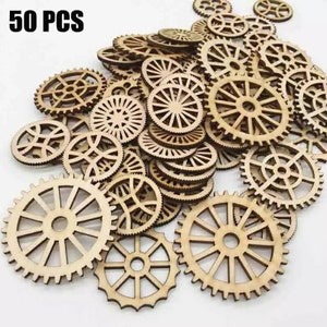 May include: A set of 50 wooden gears in various sizes and shapes. The gears are unfinished and have a natural wood color. They are perfect for crafting and DIY projects.