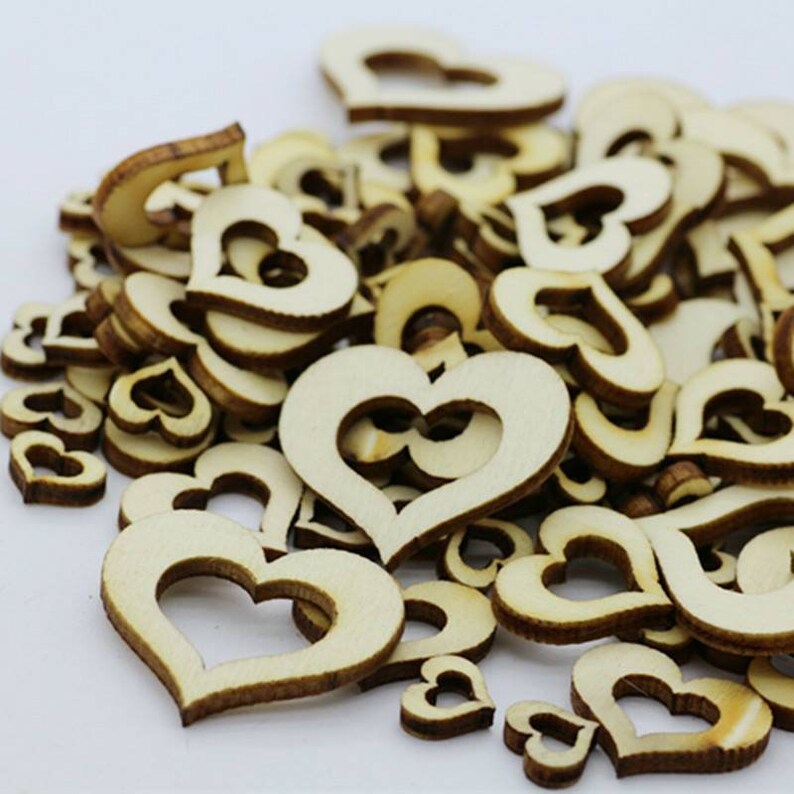 50pcs 40mm30mm20mm10mm Mixed Rustic Wooden DIY Hollow Wood Love Heart Wedding Table Scatter Decoration Accessories