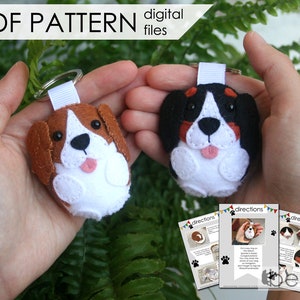 May include: PDF pattern for a felt dog keychain. The pattern includes instructions for making two different dog breeds: a Beagle and a Bernese Mountain Dog. The pattern is available as a digital download.