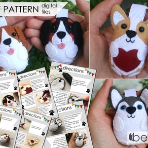 May include: PDF pattern instructions for making felt dog keychains. The pattern includes four different dog breeds: a beagle, a Bernese Mountain Dog, a corgi, and a husky. Each dog is shown in a hand holding the finished keychain. The instructions include a series of images showing the steps for making the keychain.
