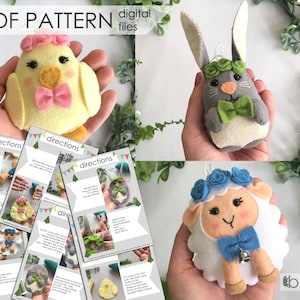 Spring felt pattern  - PDF PATTERN, Easter ornaments diy, chicken, hare, sheep, spring DIY project, easy sewing template, kids Easter crafts
